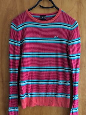 Le Tigre Pink Striped Crewneck Sweater with Aqua and Navy Accents